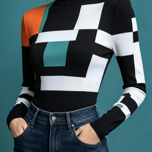 Medium Elasticity Casual Geometric Mock Neck T-shirt, Tees, color:As Picture|size:XXL, Stylewe