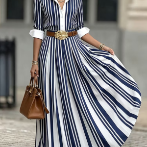 Urban Striped Shirt Collar Maxi Dress No Belt, Maxi Dresses, color:As Picture|size:XXL, Stylewe