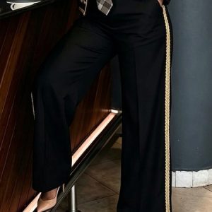 Urban Plain Braided Strap Straight Pants, Pants, color:Black|size:XXL, Stylewe