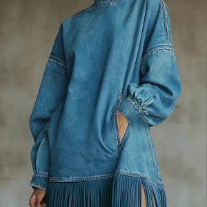 Women Casual Denim Blue Mini Dress Turtleneck H-Line Fall Daily, Mini Dresses, color:Denim Blue|size:XXL, Stylewe