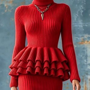 Elegant Plain Split Joint Turtleneck Sweater, Pullovers, color:Red|size:XXL, Stylewe