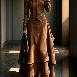 Suede Elegant Plain Folds Tie Neck Maxi Dress, Maxi Dresses, color:Brown|size:XXL, Stylewe