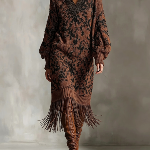 Casual Leopard Tassel Shirt Collar Midi Dress, Midi Dresses, color:As Picture|size:XXL, Stylewe