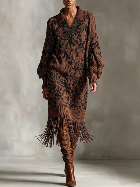 Casual Leopard Tassel Shirt Collar Midi Dress, Midi Dresses, color:As Picture|size:XXL, Stylewe