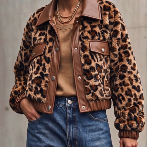 Casual Animal Print Shirt Collar Teddy Jacket, Coats, color:As Picture|size:XXL, Stylewe