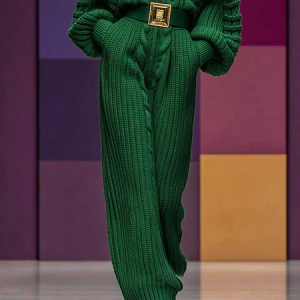 Elegant Plain Sweater Straight Pants No Belt, Pants, color:Green|size:XXL, Stylewe