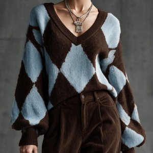 Casual Geometric V Neck Balloon Sleeve Sweater, Pullovers, color:As Picture|size:XXL, Stylewe