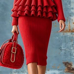 Elegant Plain Sweater Knee Length Skirt, Skirts, color:Red|size:XXL, Stylewe