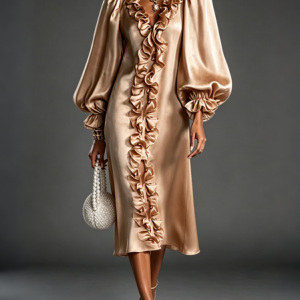Elegant Plain Peplum V Neck Midi Dress, Midi Dresses, color:Champagne|size:XXL, Stylewe
