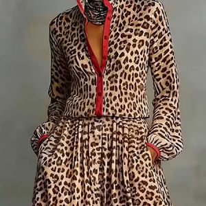 Urban Leopard Print Contrast Red Trim Stand Collar Loose Shirt, Blouses and Shirts, color:As Picture|size:XXL, Stylewe