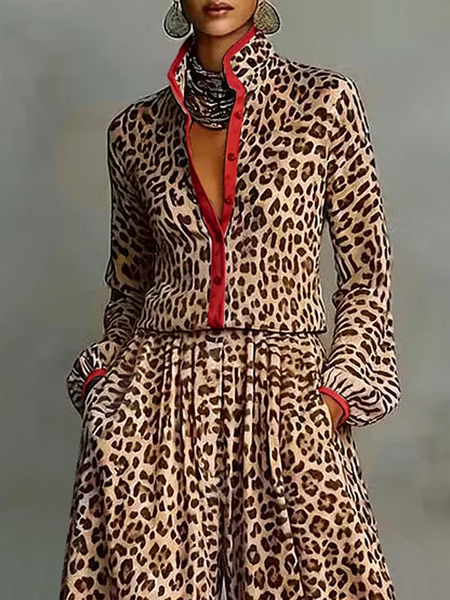 Urban Leopard Print Contrast Red Trim Stand Collar Loose Shirt, Blouses and Shirts, color:As Picture|size:XXL, Stylewe