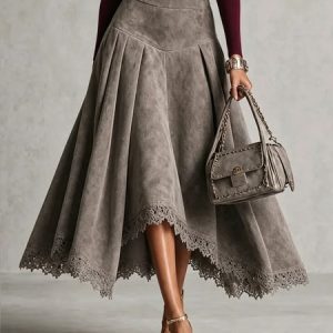 Urban Lace Edge Plain Midi Faux Leather Skirt, Skirts, color:Gray|size:XXL, Stylewe