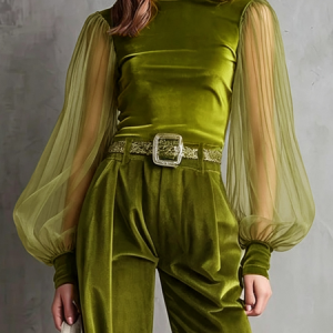 Elegant Plain Split Joint Turtleneck Blouse, Blouses and Shirts, color:Green|size:XXL, Stylewe