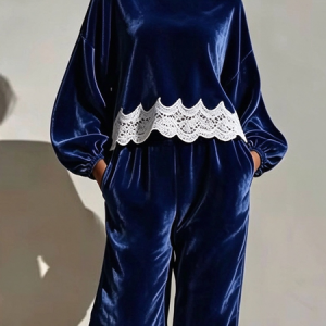 Velvet Urban Color Block Lace Crew Neck Balloon Sleeve Blouse, Blouses and Shirts, color:Blue|size:XXL, Stylewe