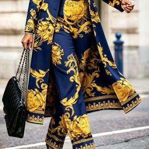 Urban Random Print Printing Straight Pants With Belt, Pants, color:Floral-yellow blue|size:XXL, Stylewe