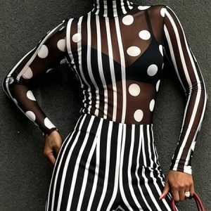 Urban Polka Dots Striped Printing Stand Collar T-shirt, Tees, color:Black-white|size:XXL, Stylewe