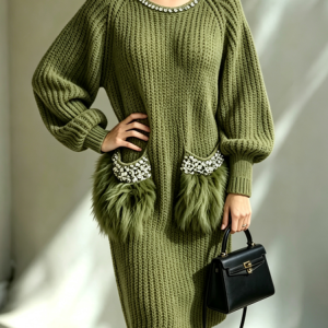 Casual Plain Rhinestone  Sweater Knee Length Dress, Midi Dresses, color:Green|size:XXL, Stylewe
