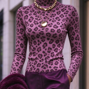 Urban Leopard Printing Turtleneck T-shirt, Tees, color:Purple|size:XXL, Stylewe