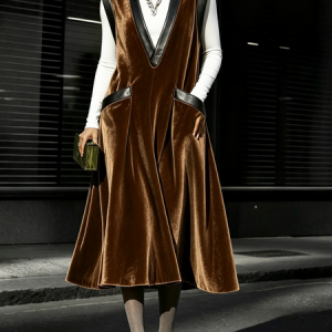 Micro-Elasticity Urban Color Block Split Joint V Neck Midi Dress, Midi Dresses, color:Brown|size:XXL, Stylewe