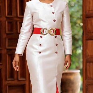 Elegant Plain Buttoned Crew Neck Knee Length Dress With Belt, Midi Dresses, color:As Picture|size:XXL, Stylewe