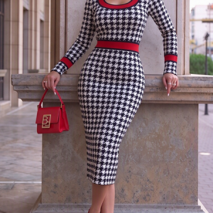 Urban Houndstooth Square Neck Sweater  Midi Dress, Midi Dresses, color:As Picture|size:XXL, Stylewe