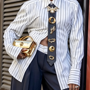 Cotton Urban Striped Shirt Collar Shirt With Tie, Blouses and Shirts, color:White|size:XXL, Stylewe