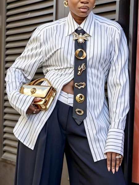 Cotton Urban Striped Shirt Collar Shirt With Tie, Blouses and Shirts, color:White|size:XXL, Stylewe