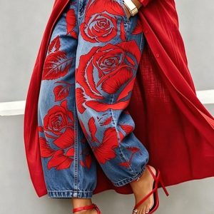 Casual Floral Print Wide Straight Denim Jeans With No Belt, Jeans, color:Red|size:XXL, Stylewe