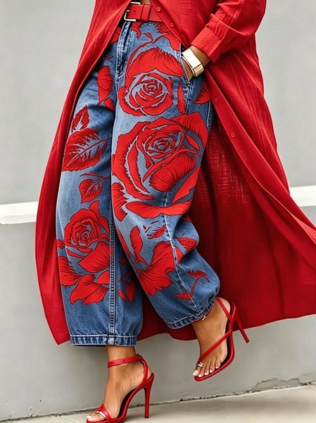 Casual Floral Print Wide Straight Denim Jeans With No Belt, Jeans, color:Red|size:XXL, Stylewe
