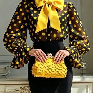 Elegant Polka Dots Printing Tie Neck Blouse, Blouses and Shirts, color:As Picture|size:XXL, Stylewe