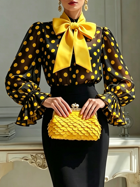 Elegant Polka Dots Printing Tie Neck Blouse, Blouses and Shirts, color:As Picture|size:XXL, Stylewe