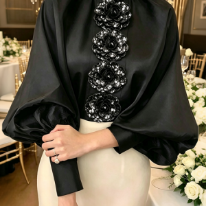 Elegant Plain 3D Floral Stand Collar Balloon Sleeve Blouse, Blouses and Shirts, color:Black|size:XXL, Stylewe