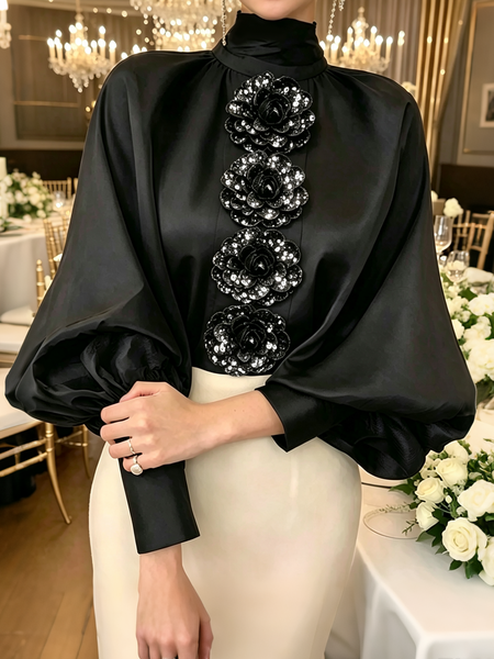 Elegant Plain 3D Floral Stand Collar Balloon Sleeve Blouse, Blouses and Shirts, color:Black|size:XXL, Stylewe