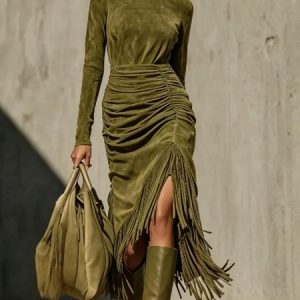 Casual Plain Tassel Stand Collar Midi Dress, Midi Dresses, color:Green|size:XXL, Stylewe