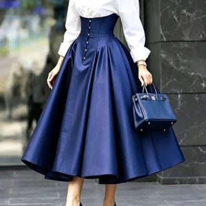 Elegant Color Block Split Joint Shirt Collar Midi Dress, Midi Dresses, color:Blue|size:XXL, Stylewe