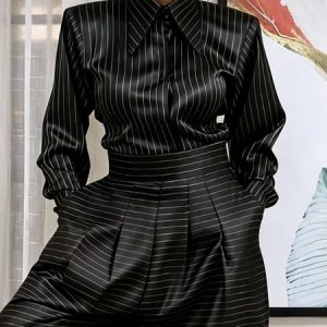 Urban Striped Satin Shoulder Pad Long Sleeve Loose Shirt, Blouses and Shirts, color:Black|size:XXL, Stylewe