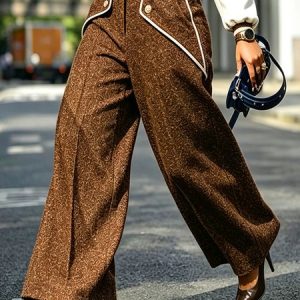 Urban Color Block Split Joint Wide Leg Pants, Pants, color:Brown|size:XXL, Stylewe