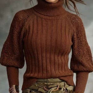 Urban Plain Turtleneck Puff Sleeve Sweater, Pullovers, color:Brown|size:XXL, Stylewe