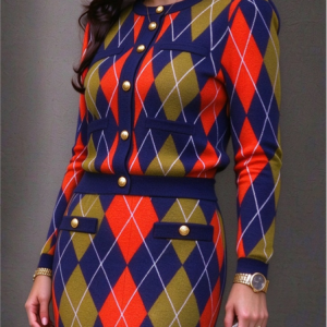 Elegant Plaid Buttoned Crew Neck Sweater Cardigan, Cardigans, color:As Picture|size:XXL, Stylewe