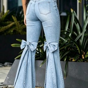 Casual Plain Bow Flare Jeans, Jeans, color:Blue|size:XXL, Stylewe