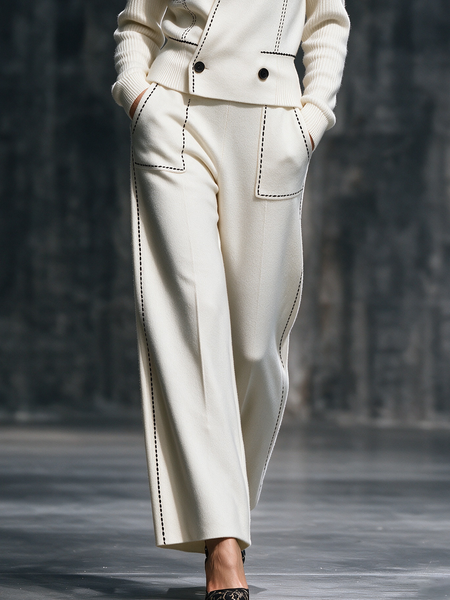 High Elasticity Casual Color Block Straight Pants, Pants, color:White|size:XXL, Stylewe