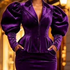 Velvet Elegant Puff Sleeve Plain Lapel Collar Jacket, Jackets, color:Purple|size:XXL, Stylewe