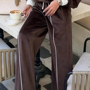 Casual Color Block Straight Pants, Pants, color:Deep Brown|size:XXL, Stylewe