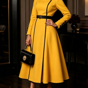 Urban Color Block Stand Collar Maxi Dress With Belt, Midi Dresses, color:Yellow|size:XXL, Stylewe