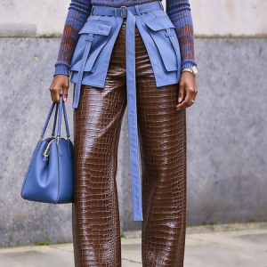 Urban Color Block Straight Pants Faux Leather Pant Lncludes Outer Layer, Pants, color:Brown|size:XXL, Stylewe