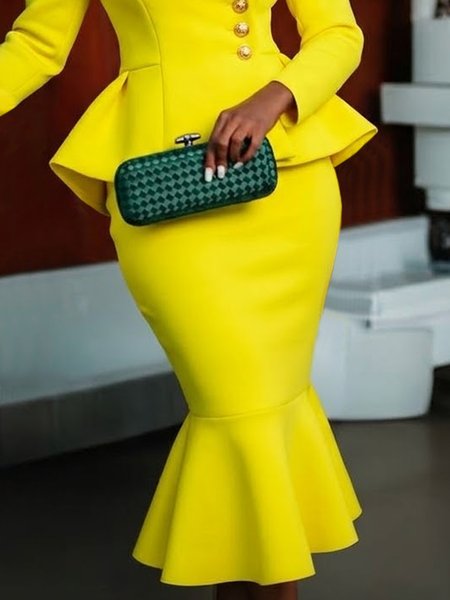 Elegant Plain Midi Skirt, Skirts, color:Yellow|size:XXL, Stylewe - Image 2