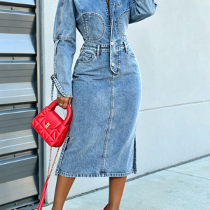 Denim Casual Plain Zipper Shawl Collar Midi Dress, Midi Dresses, color:Denim Blue|size:XXL, Stylewe