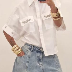 Cotton Casual Plain Shirt Collar Shirt, Blouses and Shirts, color:White|size:XXL, Stylewe