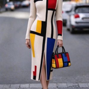 Casual Colorblock Turtleneck Sweater Midi Dress, Midi Dresses, color:As Picture|size:XXL, Stylewe