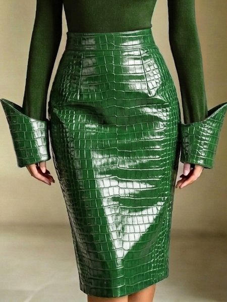 Plus Size Urban Plain Midi Faux Leather Skirt, Plus Skirts, color:Green|size:4X, Stylewe